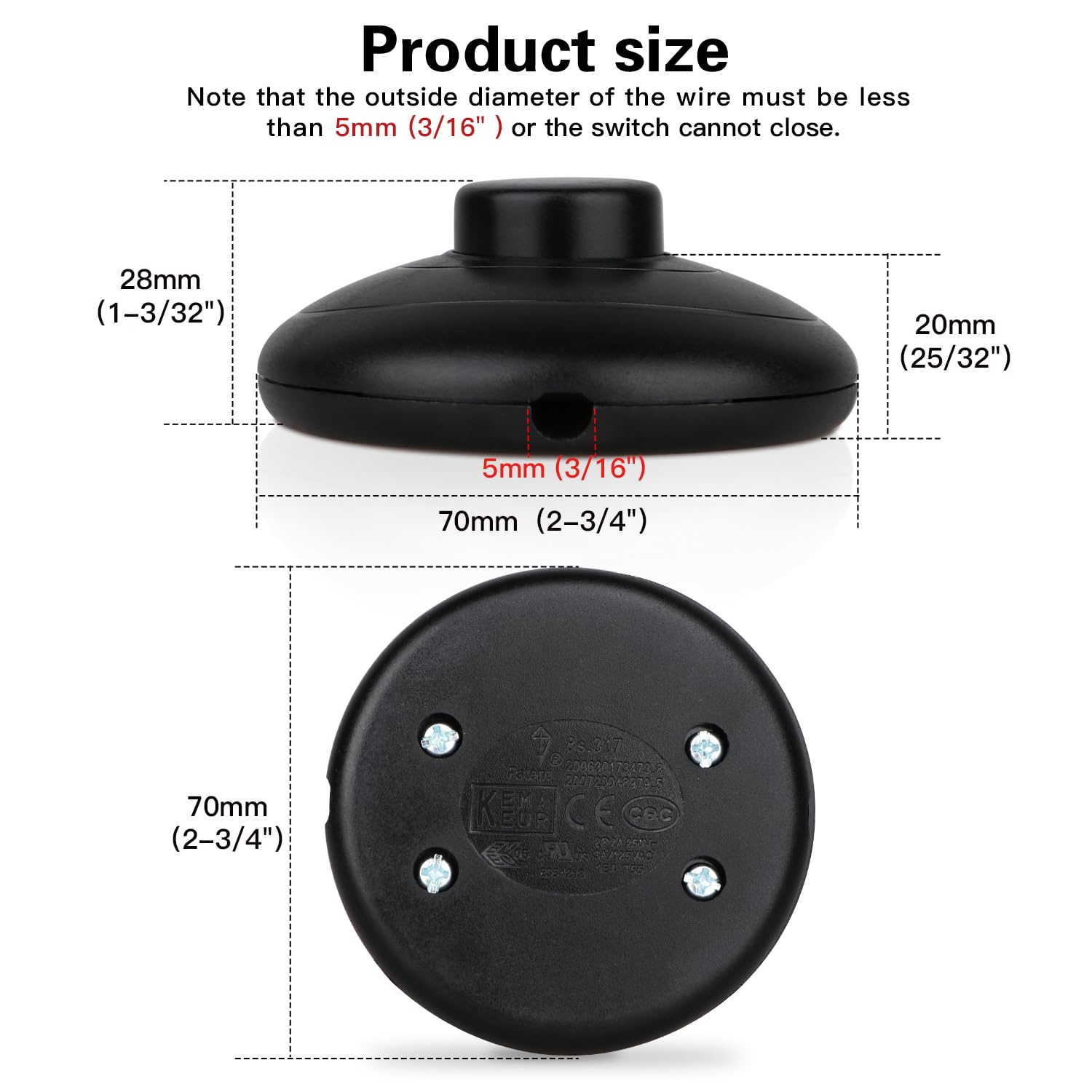 Helunsi 1Pcs Floor Lamp Foot Switch, Black Foot Pedal Switch, Round Floor Lamps Foot Inline Switch, Step ON Off Spring Push Button, for Foot Pedal Control Replacement Floor Lamp Extension Cord Parts